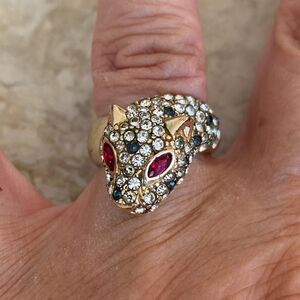 Gold Over Sterling Silver Panther & Crystals Statement Ring Vintage